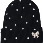 Cute Rhinestone Hat Winter Cuffed Ribbed Knitted Pearl Bow Beanie for Women Men
